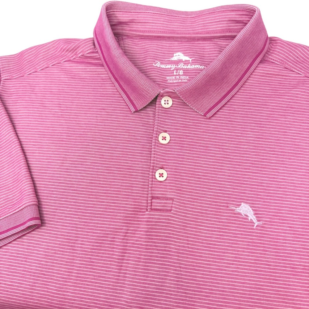 Tommy Bahama Mens Large Pink White Micro Stripe Short Sleeve Polo Shirt Marlin